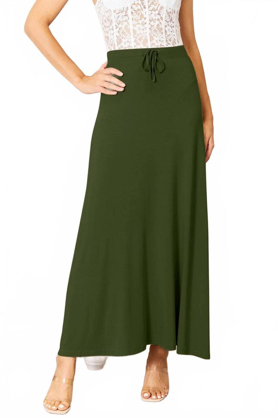 NEW DOUBLE TAKE soft rayon drawstring waist midi skirt in dark green